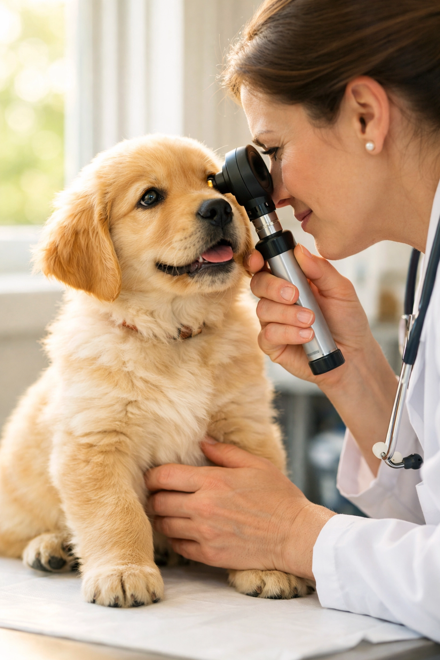 Golden Retriever puppy receiving eye examination at veterinary clinic