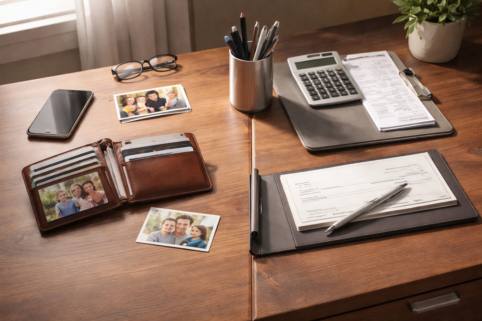 Desk showing separation of personal and business finances, highlighting proper small business record-keeping.