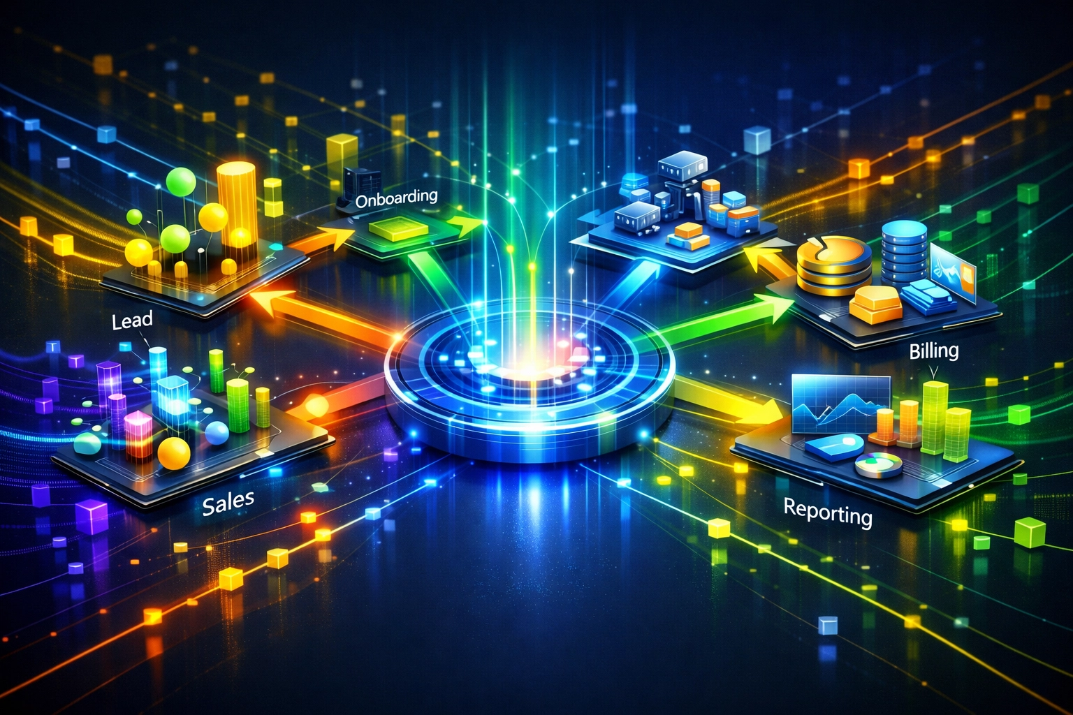 Streamlined business engineering flow with automated handoffs and a unified operational hub.