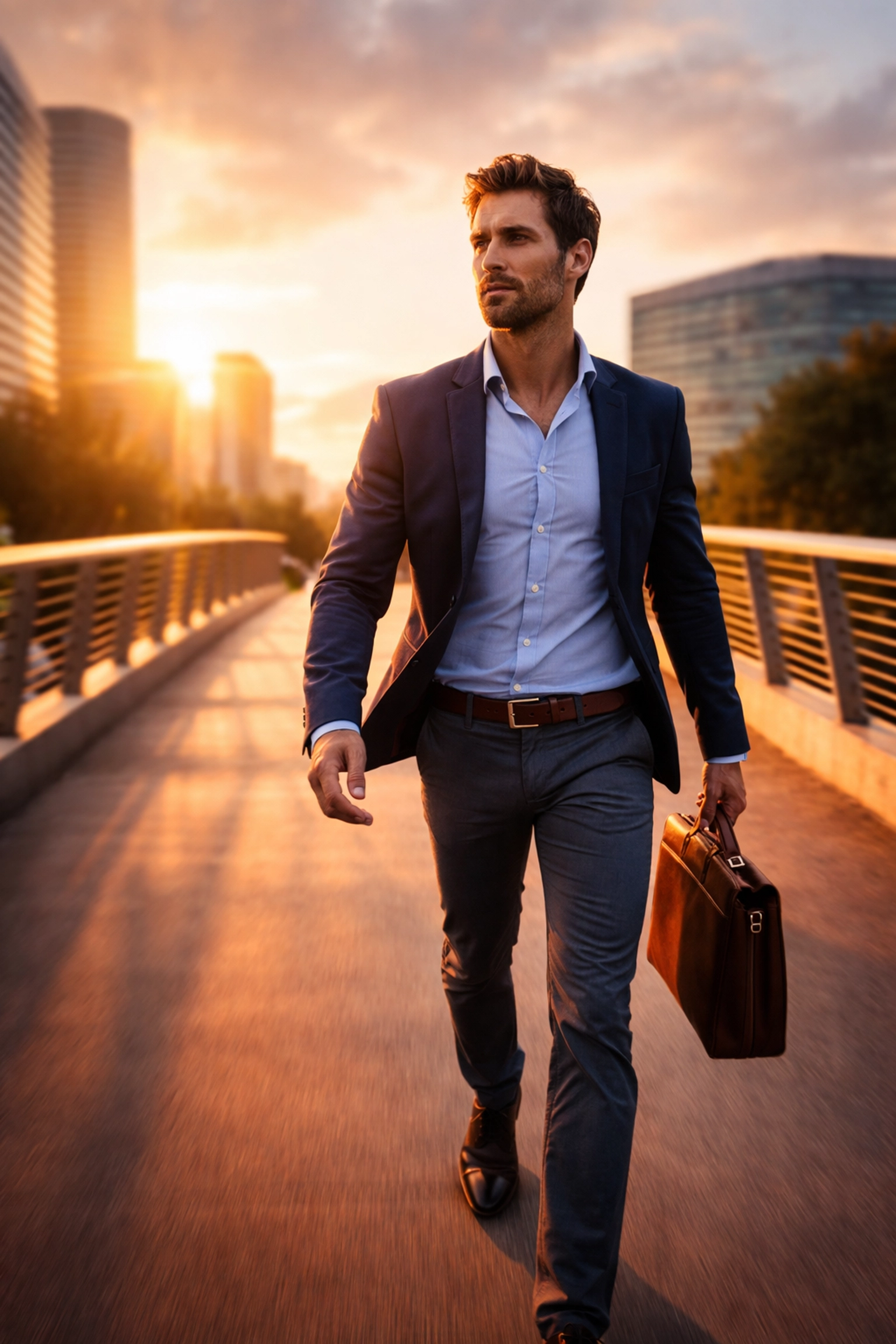 Confident professional walking across city bridge at sunrise, starting a new purpose-driven chapter