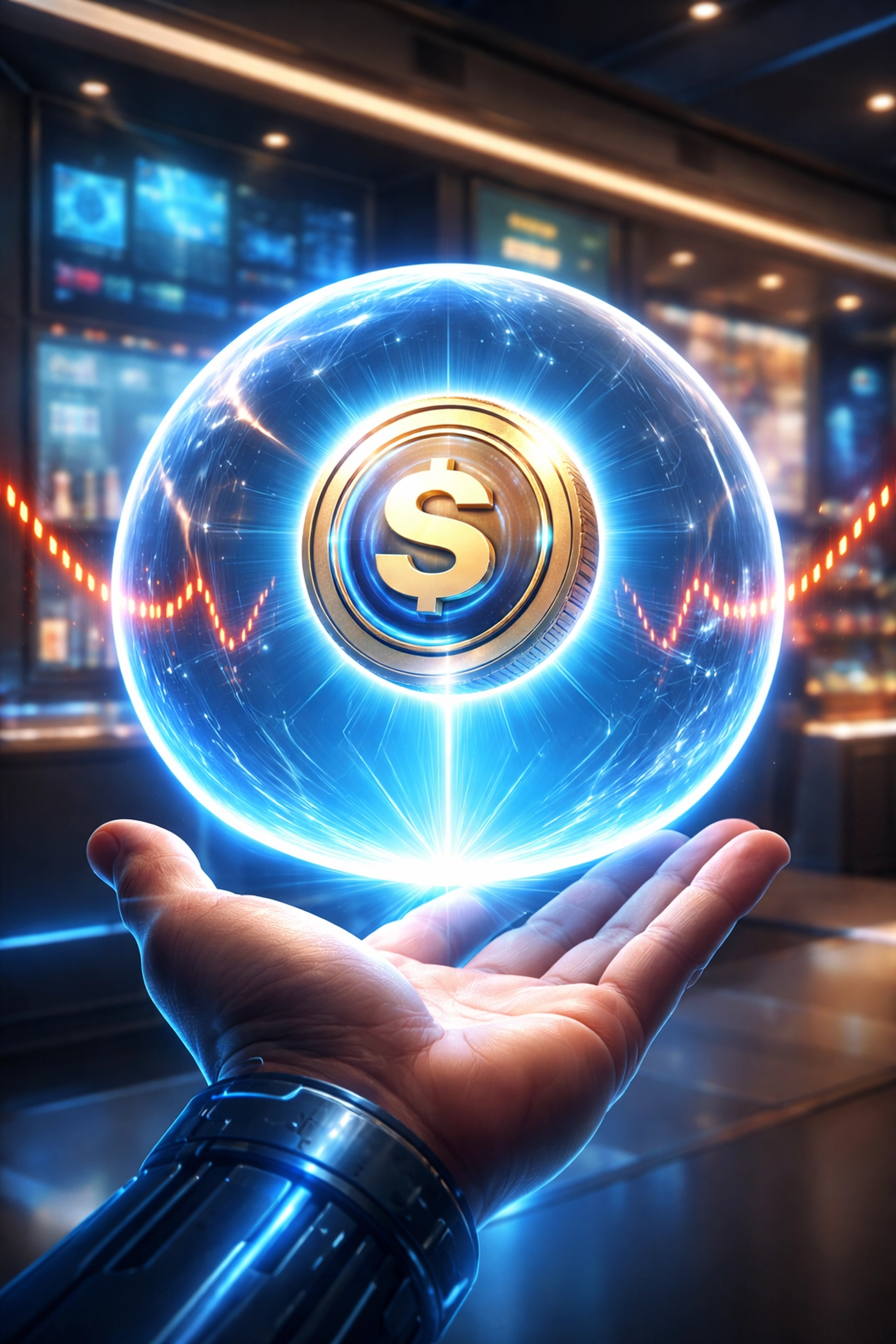 Stablecoin protected in a digital shield above a merchant's hand, showing Larecoin's solution to crypto volatility
