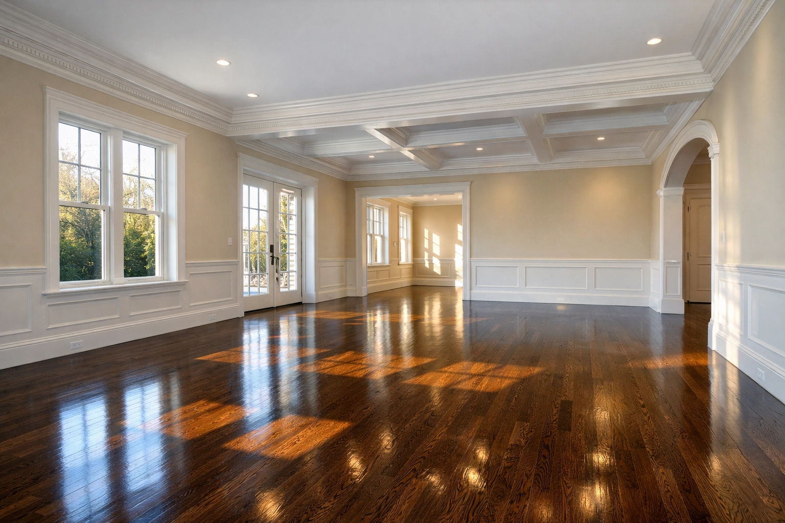 Empty living room with polished wood floors after a Move-In Cleaning in a Massachusetts home.