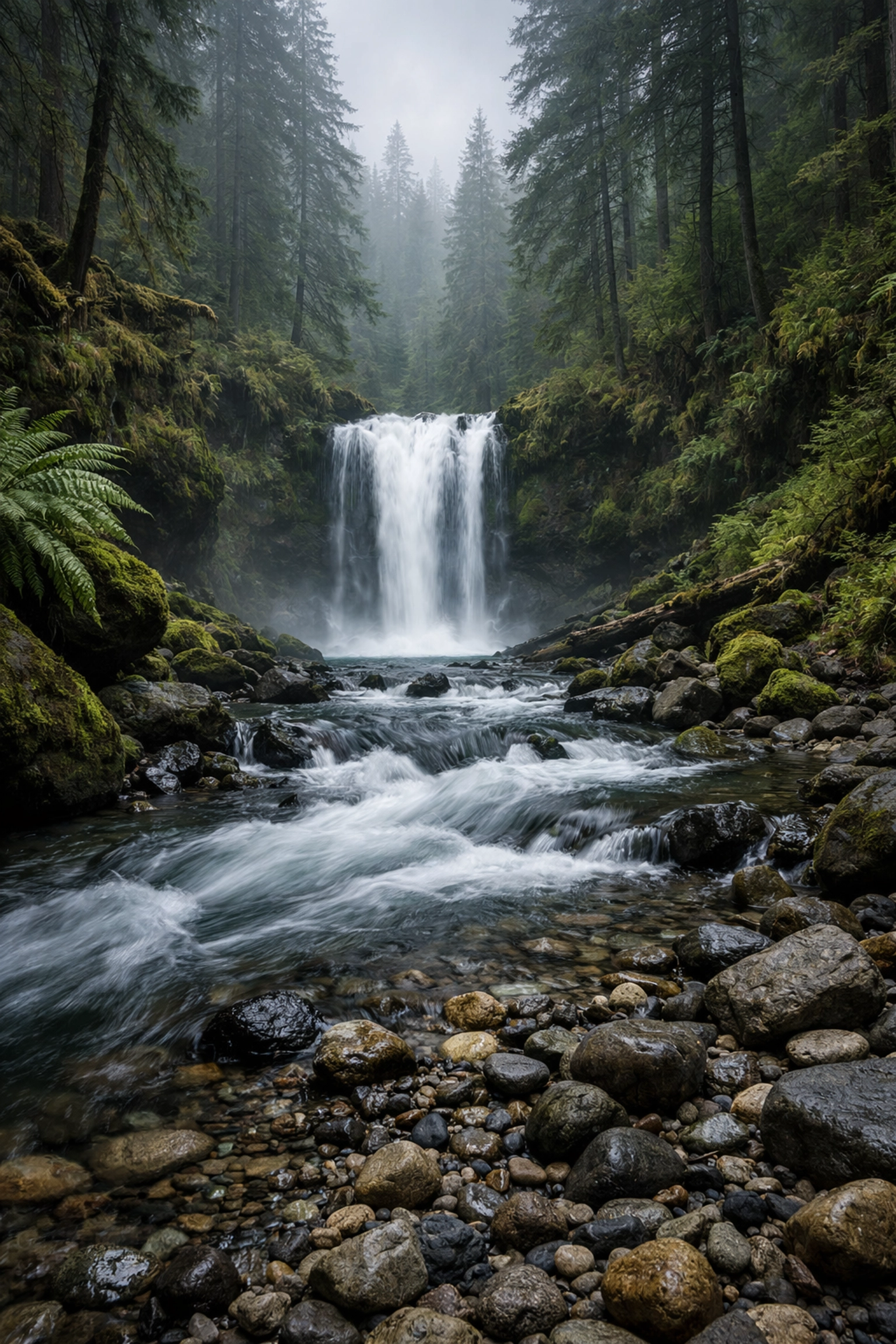 Misty forest waterfall landscape showing balanced exposure and motion blur using Manual Mode.