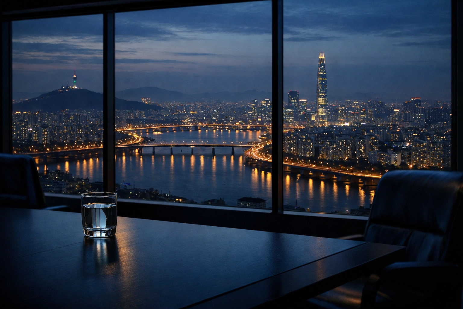 Executive boardroom overlooking the Seoul skyline at dusk, symbolizing global business connectivity.