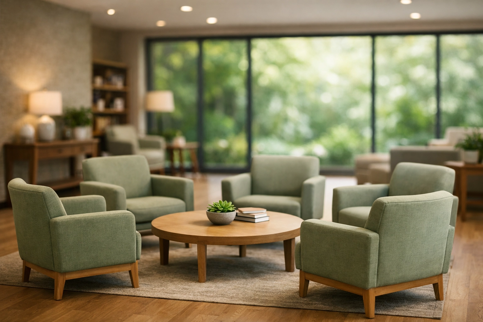 Modern behavioral health facility common room designed for DHCS compliance and patient safety.