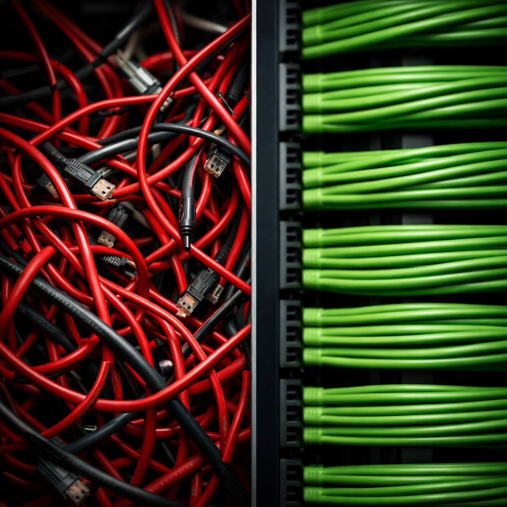 Visual comparison of technical debt versus clean, organized code architecture