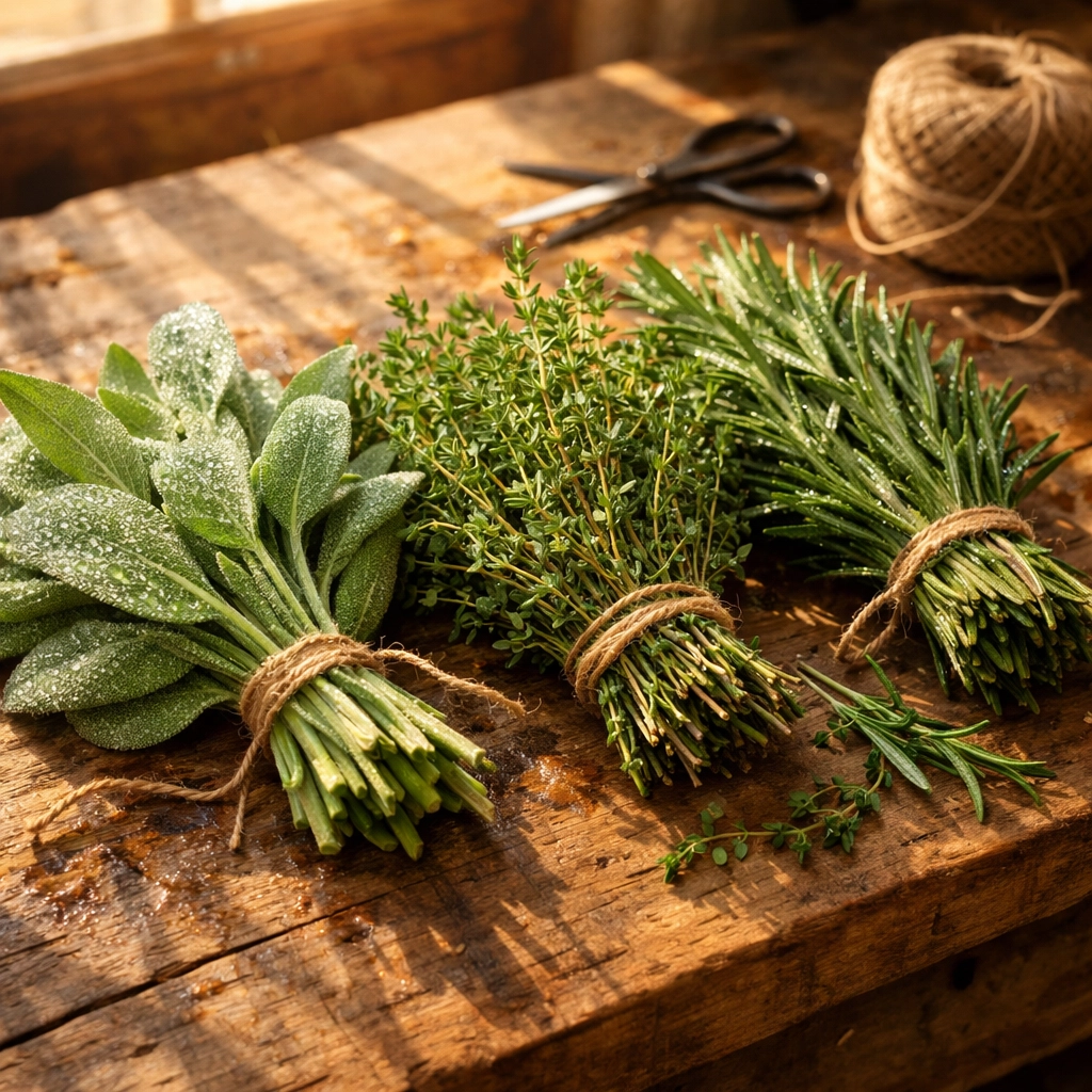 Freshly harvested sage, thyme, and rosemary bundles on wooden table ready for drying