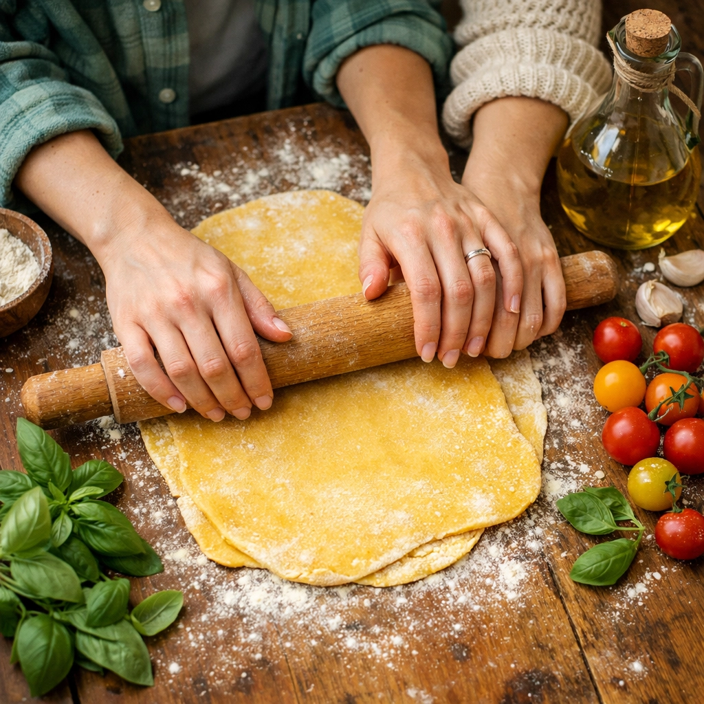 Close-up of a lesbian couple making fresh pasta together during an indoor winter cooking date.