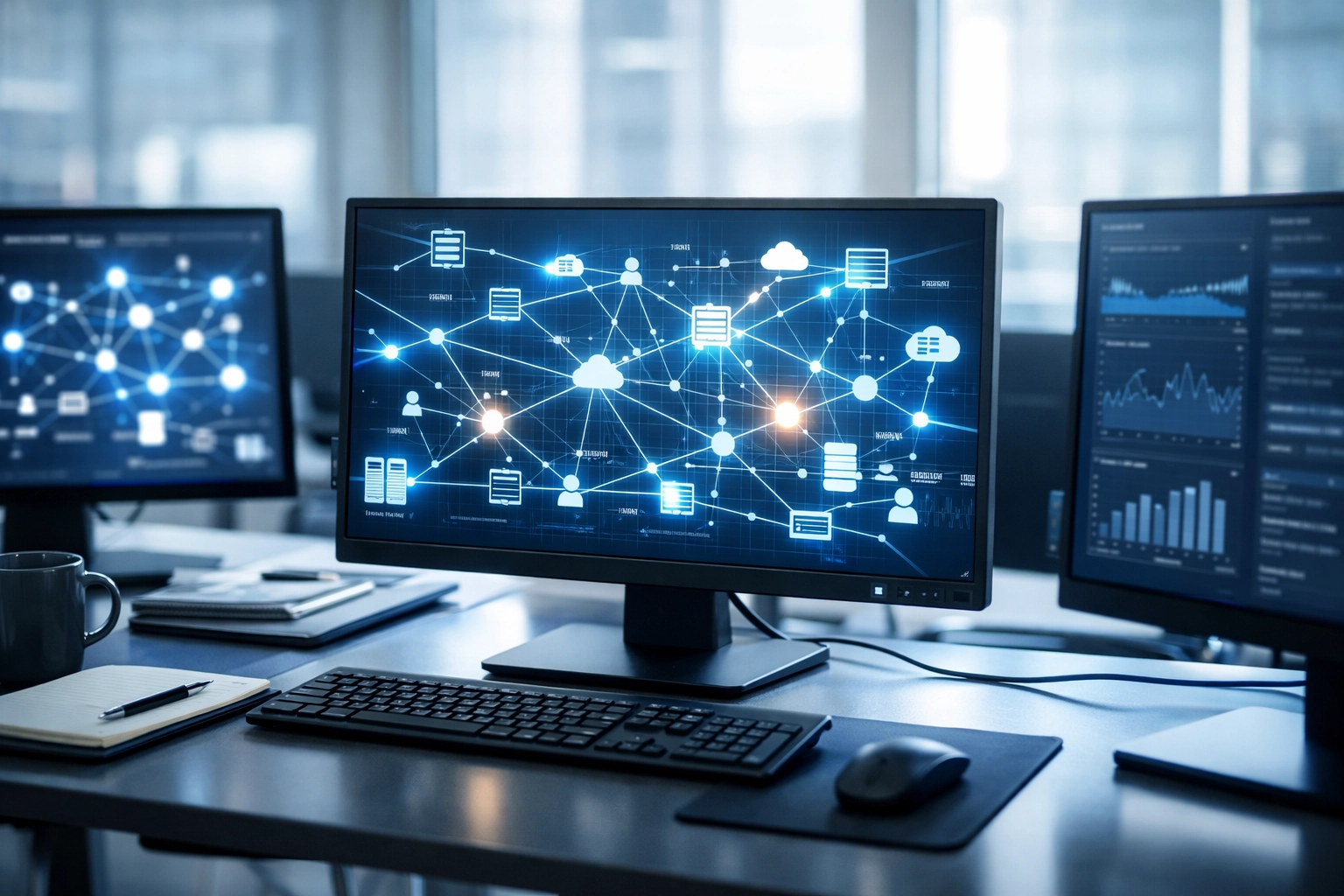 Enterprise AI automation integrating business systems and workflows across multiple monitors