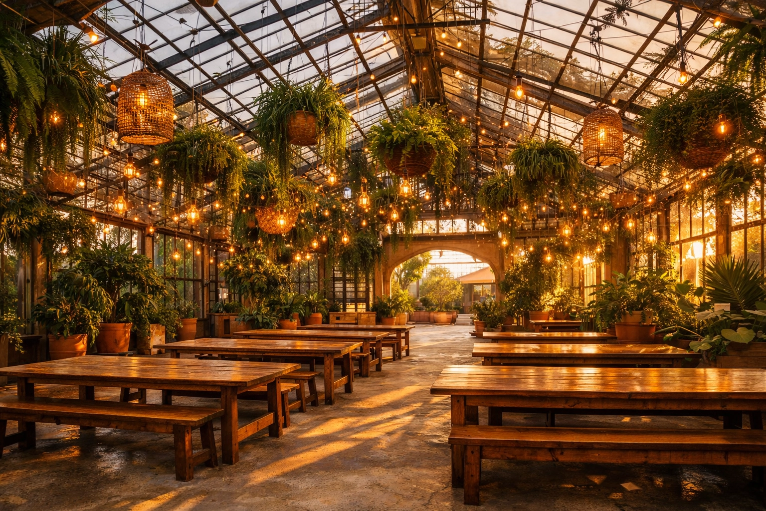 Non-traditional greenhouse wedding venue with fairy lights, perfect for debt free planning.