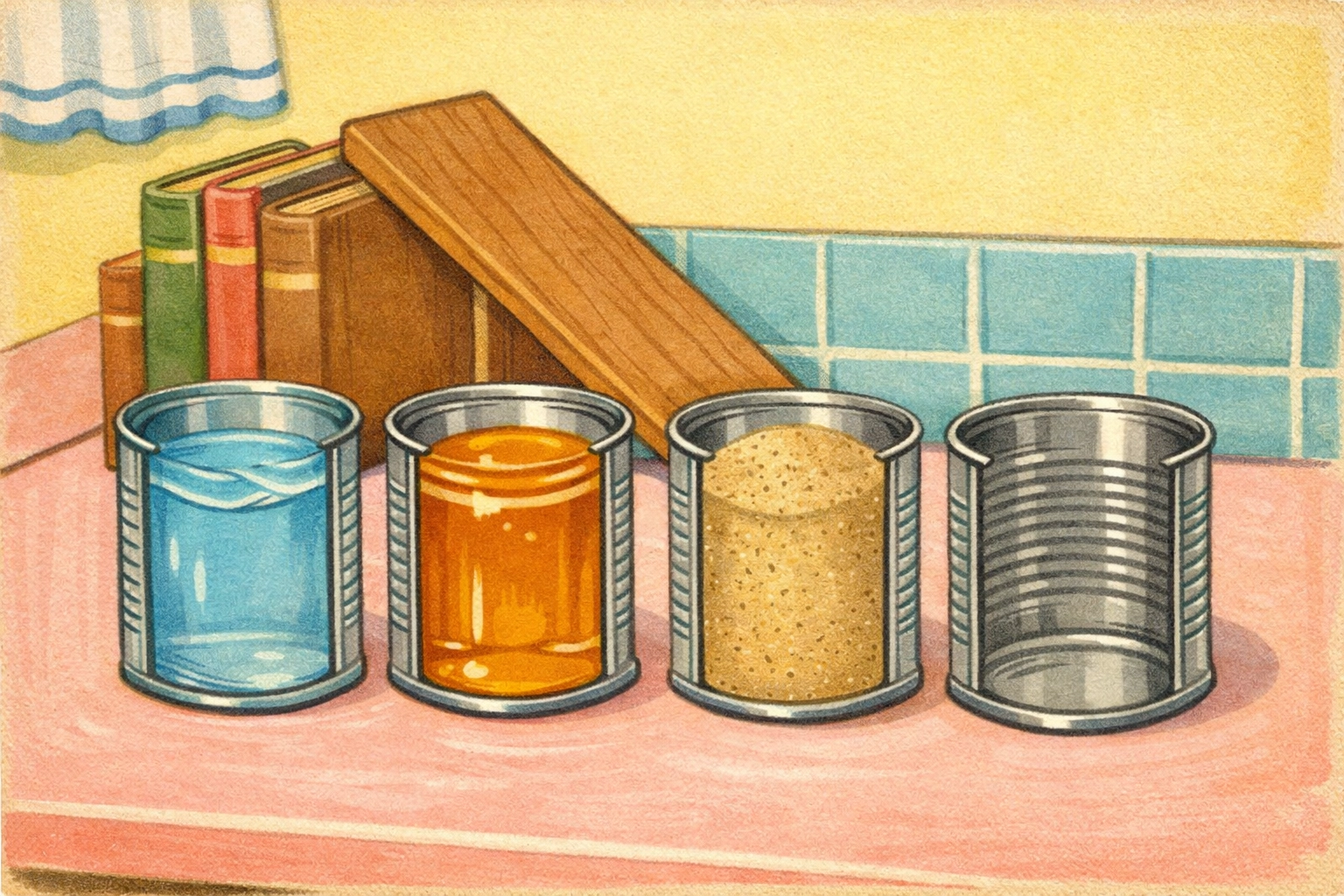 Multiple soup cans filled with water, honey, sand, and empty can lined up for experiment variations