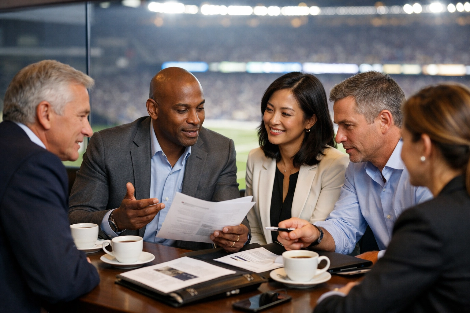 Executives networking in an exclusive stadium skybox to drive Super Bowl business ROI.