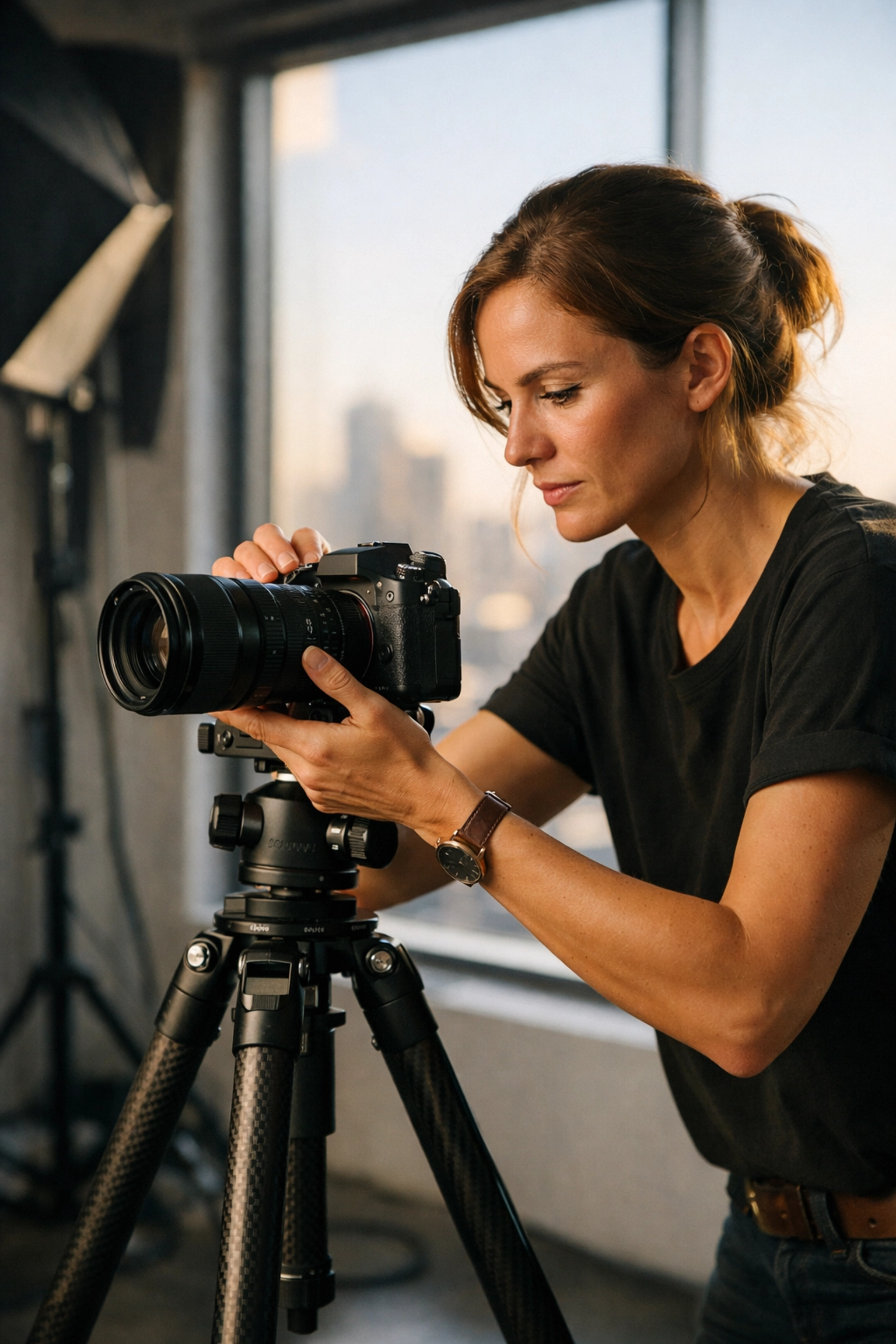 Professional photographer in a sunlit studio adjusting high-end camera gear for a quality photography shoot.
