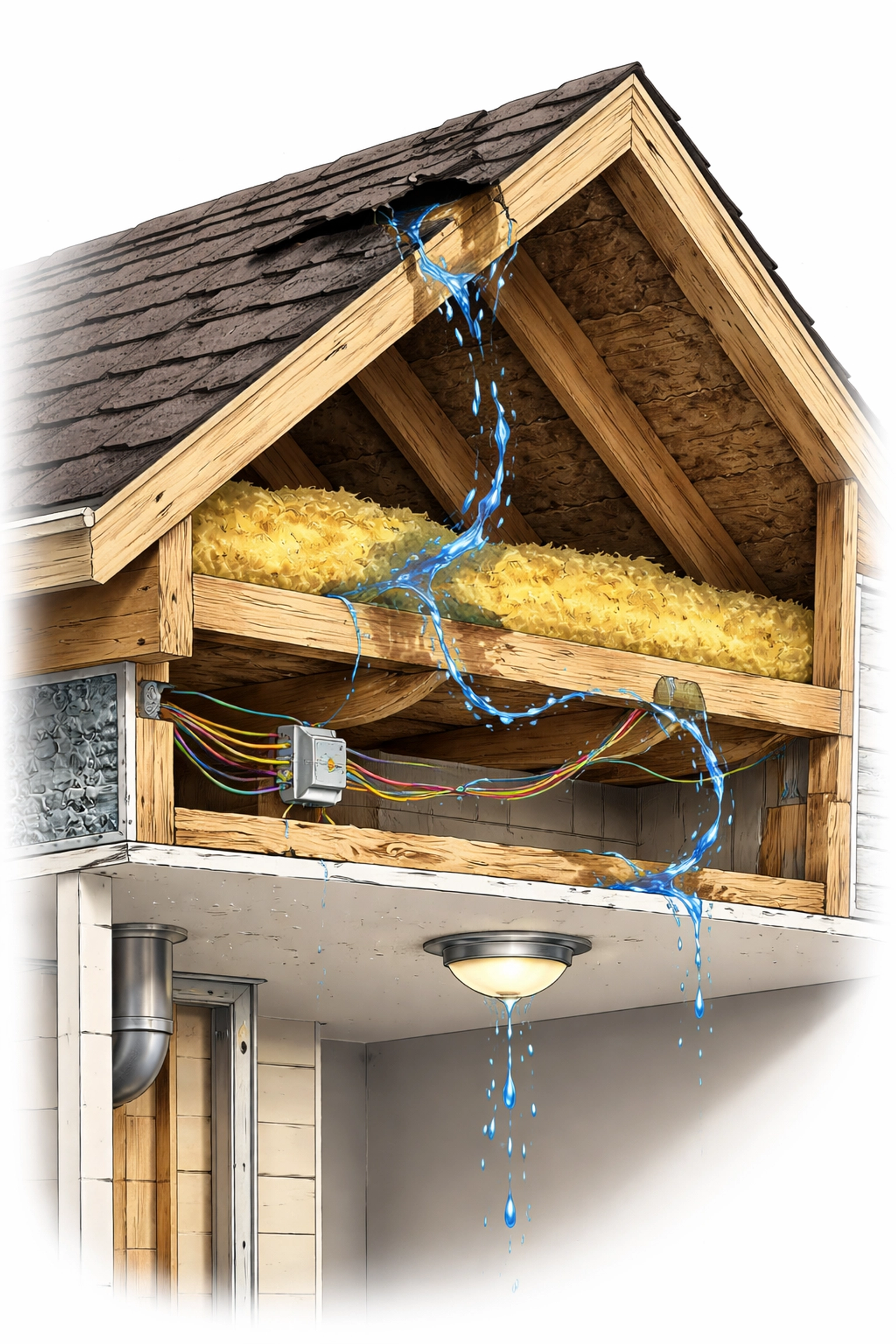 Cross-section view showing how water leaks travel through a home’s structure, highlighting sources and paths