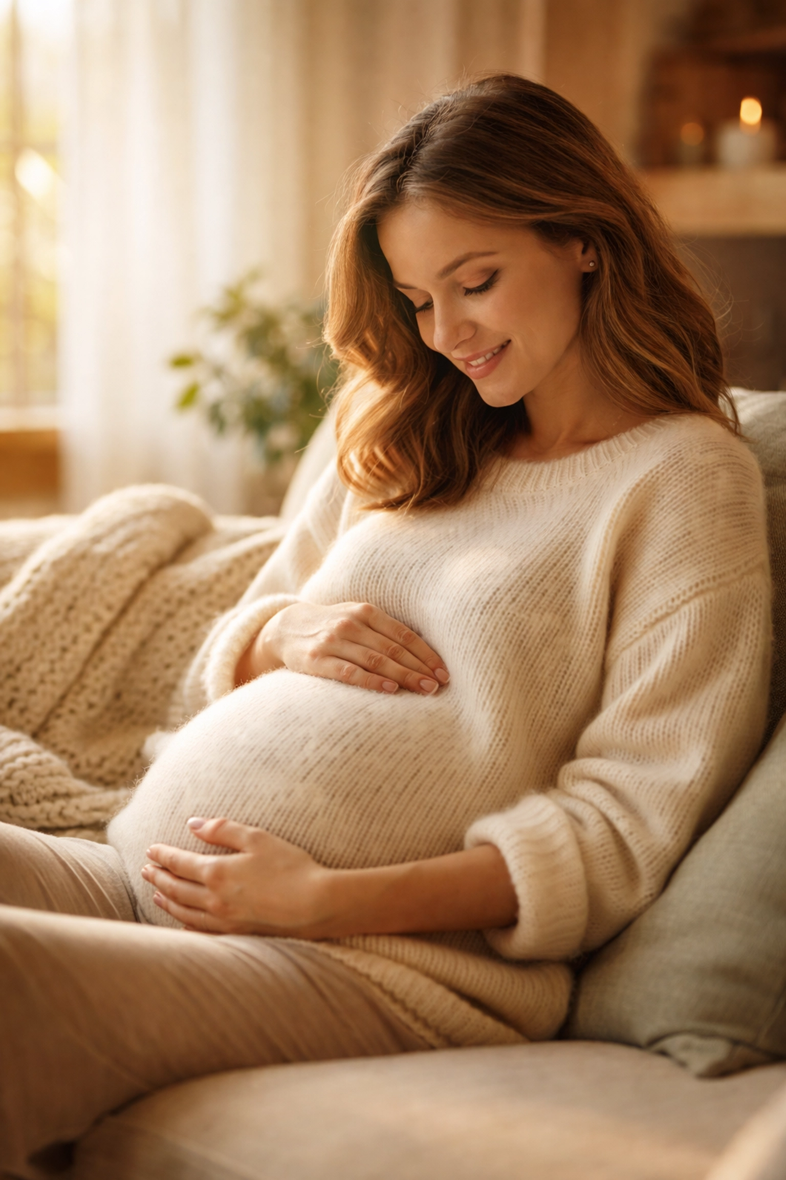 Pregnant woman relaxing on a cozy sunlit couch, representing surrogacy in Washington and a sense of legal security.