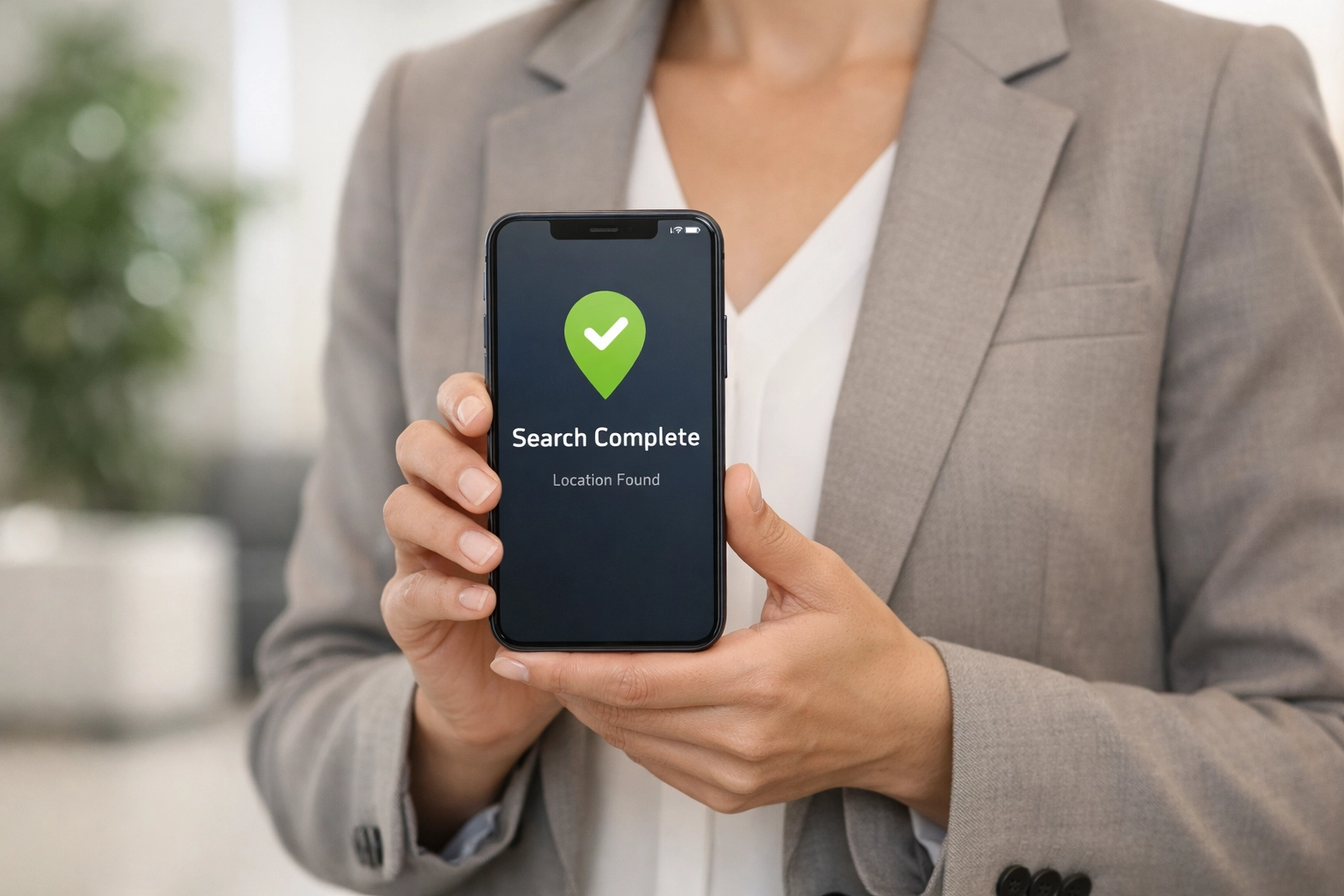 A professional holding a smartphone in a modern lobby, highlighting local Detroit SEO and mobile search visibility.