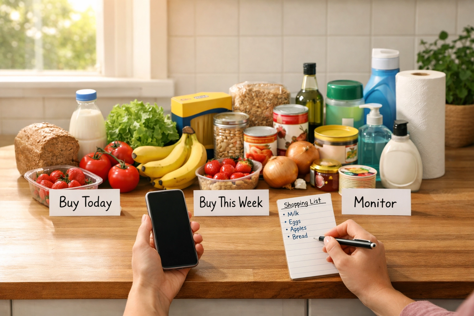 Shopper organizing groceries by priority using smartphone deals app and shopping list