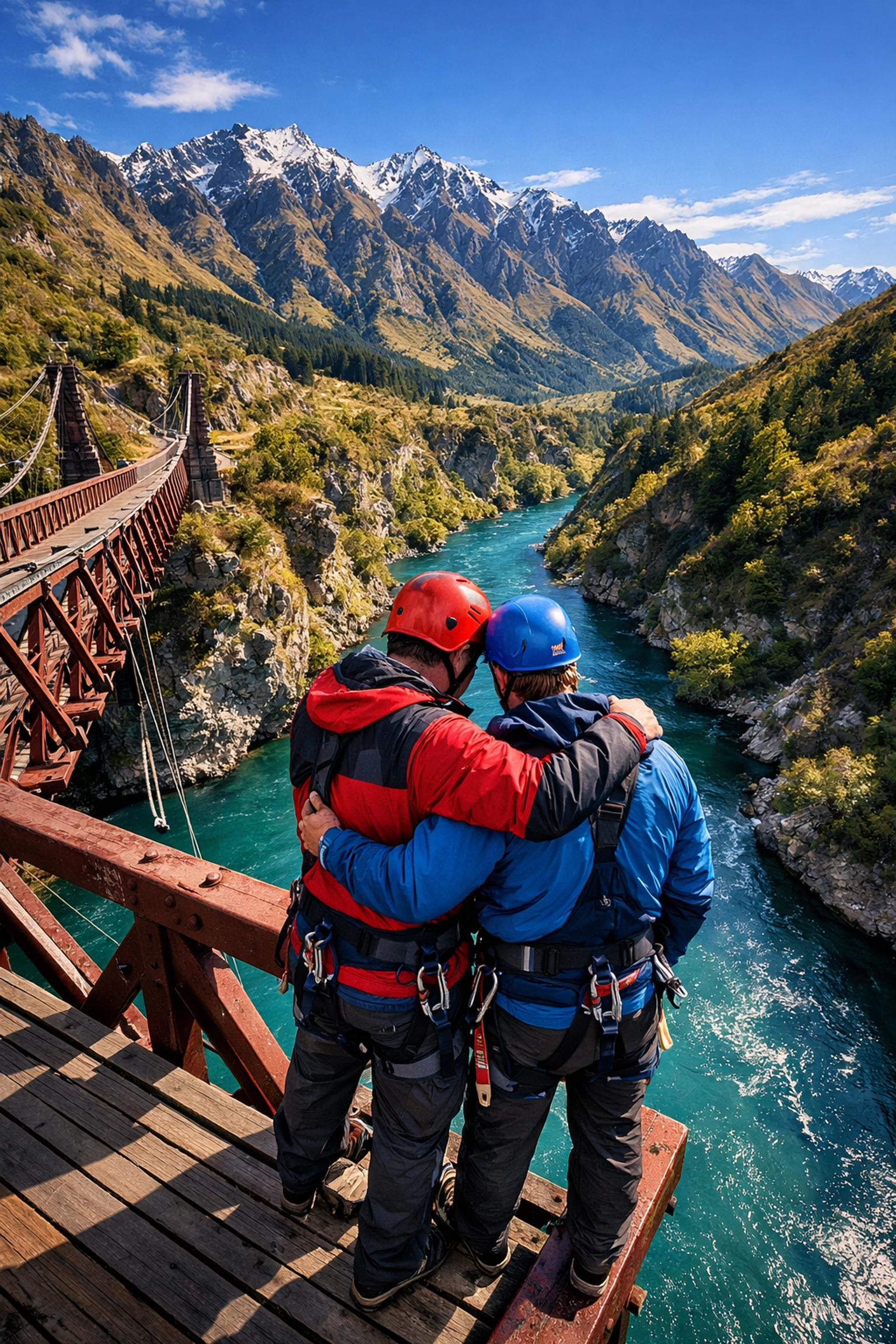 Gay couple embracing at Kawarau Bridge overlooking mountains during Queenstown adventure honeymoon