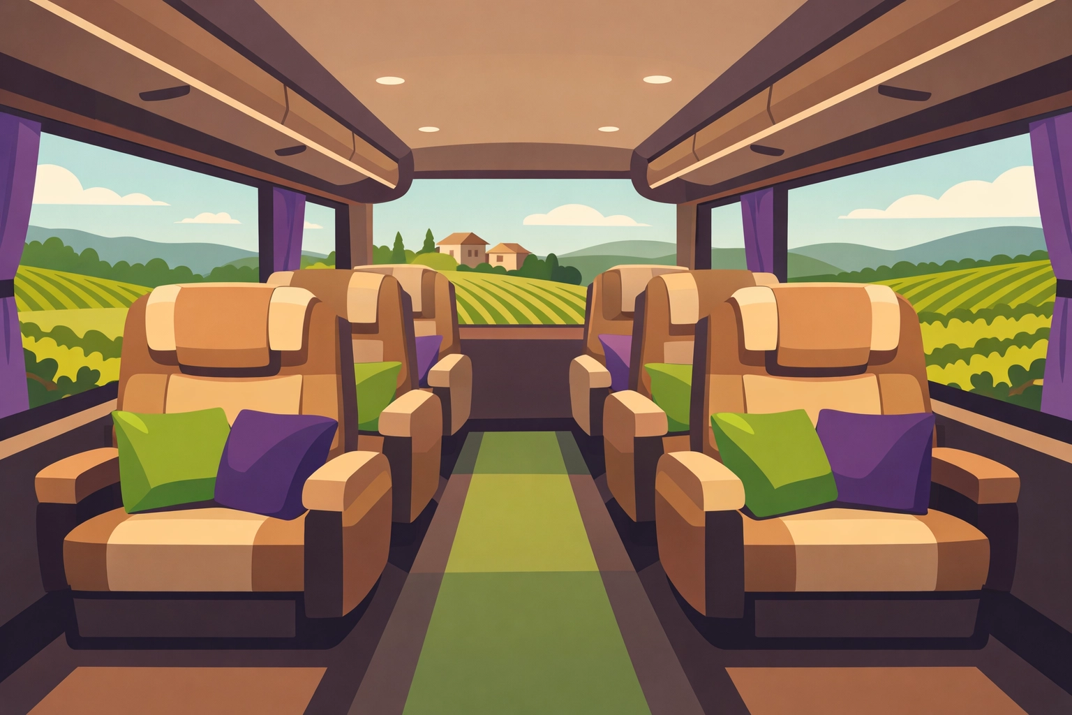 Luxury wine tour bus interior with comfortable seating and scenic vineyard views
