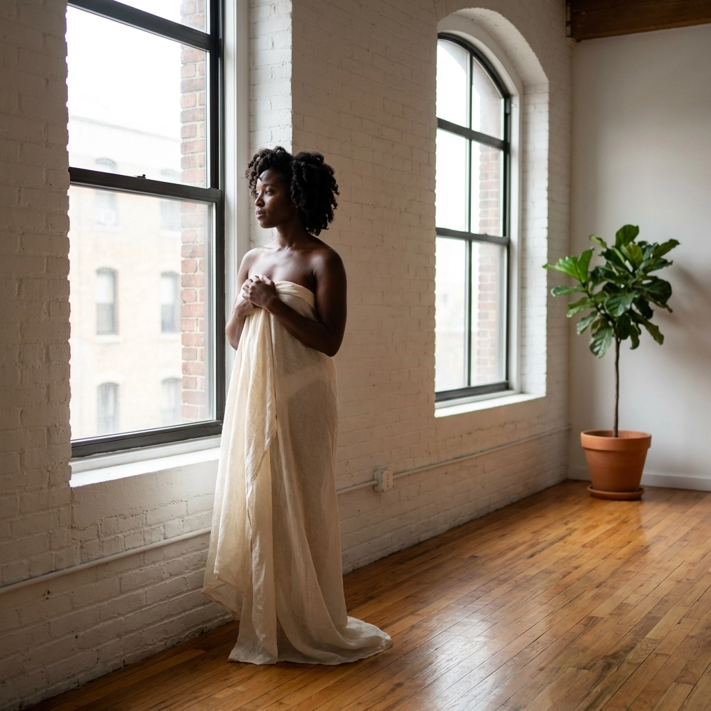 Black woman posing nude in a sun-drenched Brooklyn loft, showcasing high-definition fine art nude photography.