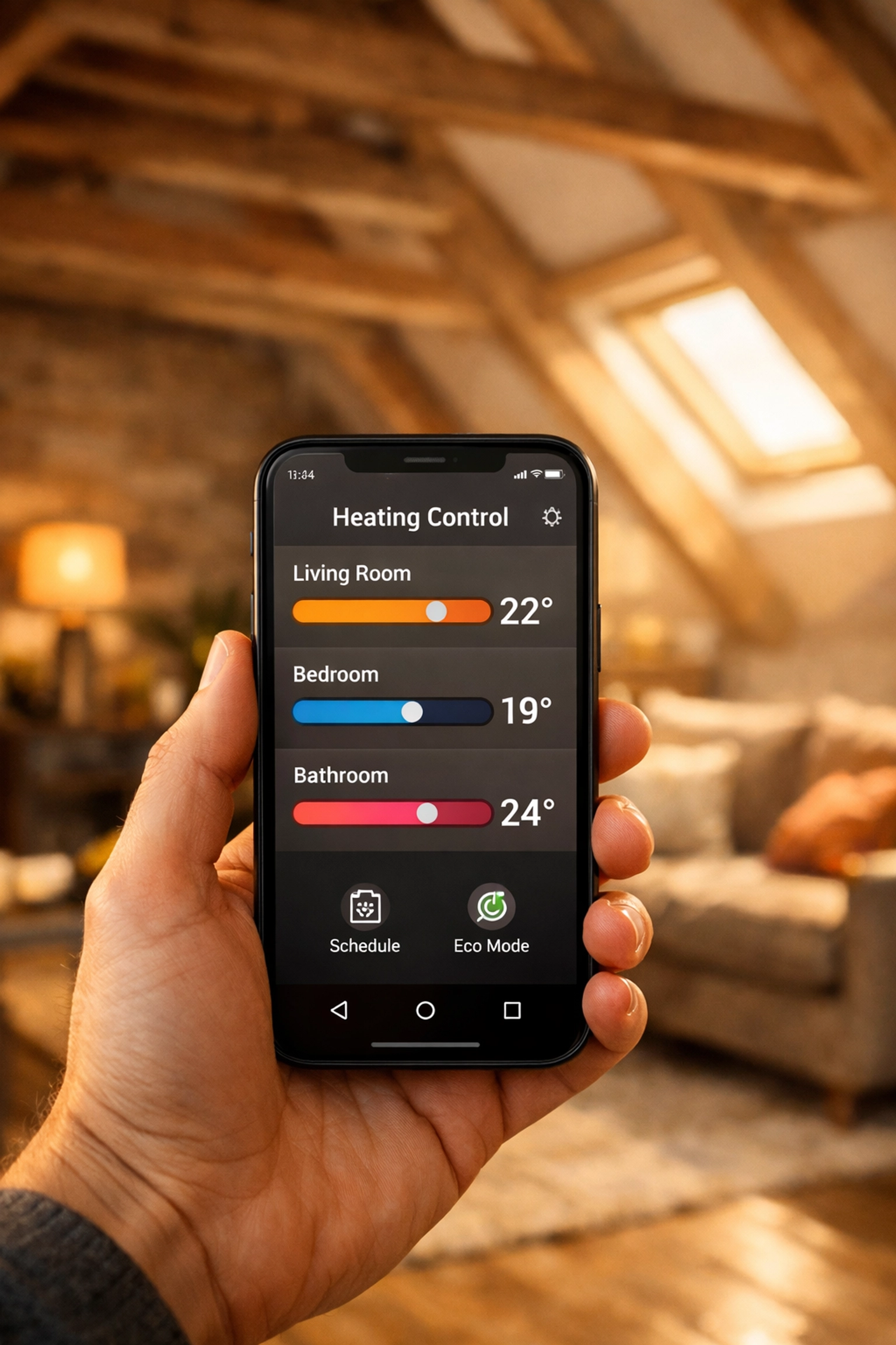 Homeowner using a smartphone app to adjust smart heating schedules in a high-quality loft conversion.