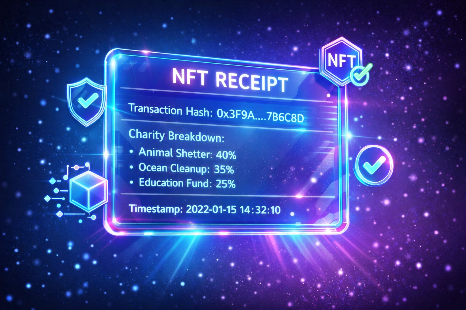 Blockchain-verified NFT receipt showing transaction details and charity allocation breakdown