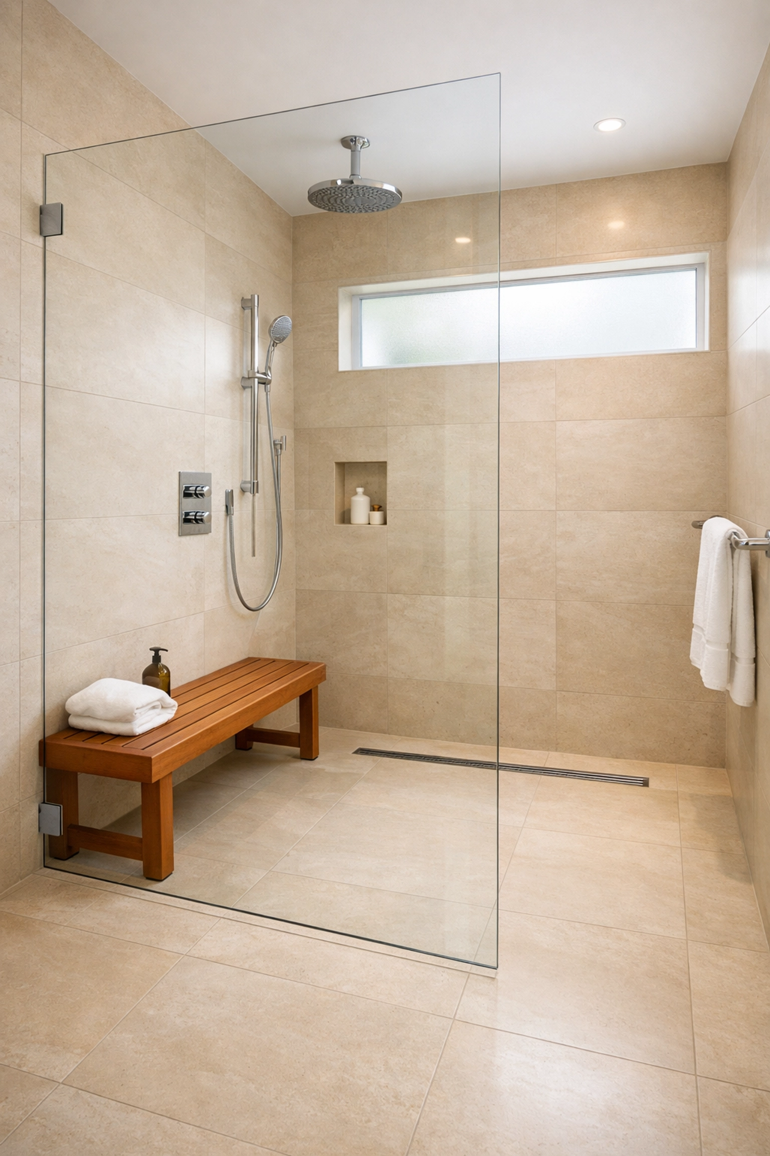 Accessible bathroom renovation with a walk-in shower, perfect for aging in place after downsizing.