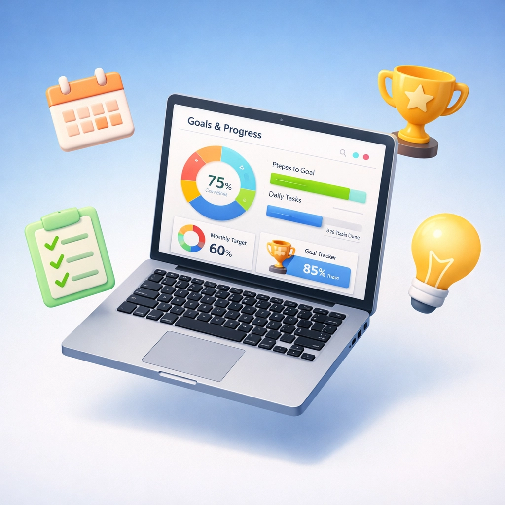 Goal tracking dashboard with productivity icons for personal development digital products