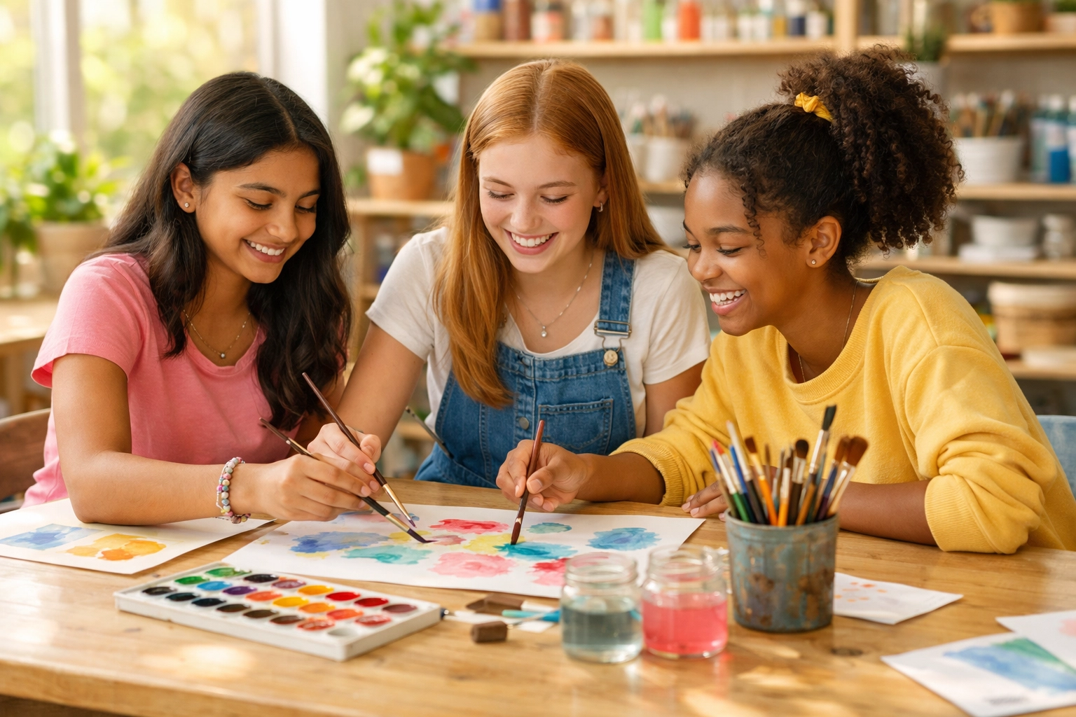 Teenage girls laughing during creative therapy in a behavioral health residential program.