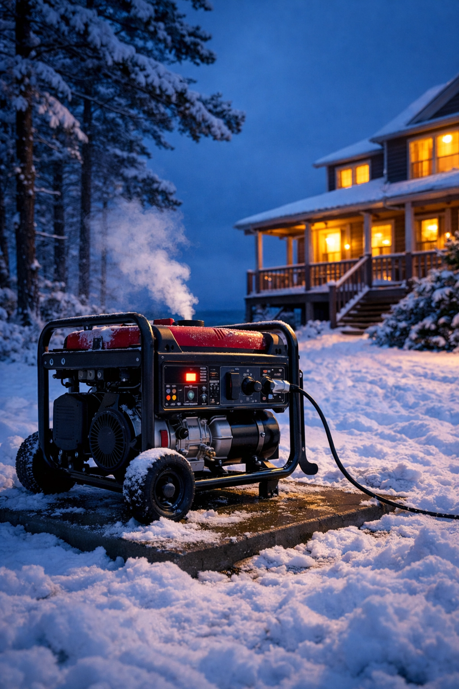 Portable generator running safely outdoors during coastal NC winter storm with snowy conditions