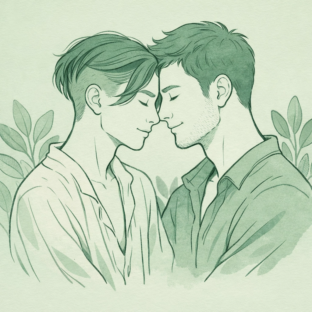 Minimalist illustration of a tender MM couple celebrating non-binary identity and emotional intimacy in queer fiction.