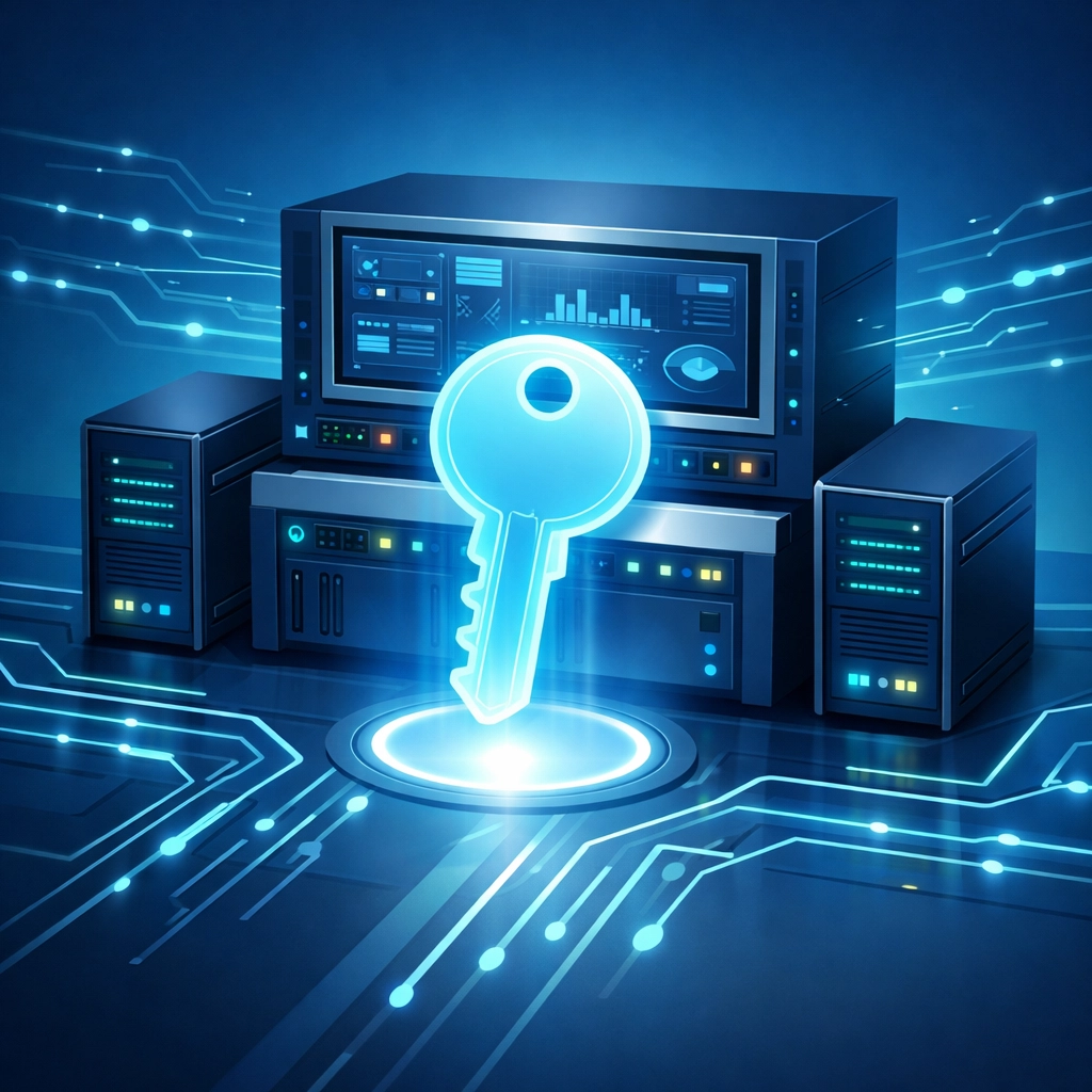 Digital illustration of a master key unlocking a firewall management console representing root access.