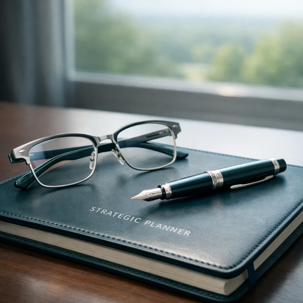 Strategic planner and fountain pen for an Alabama business owner preparing for a peak valuation sale.