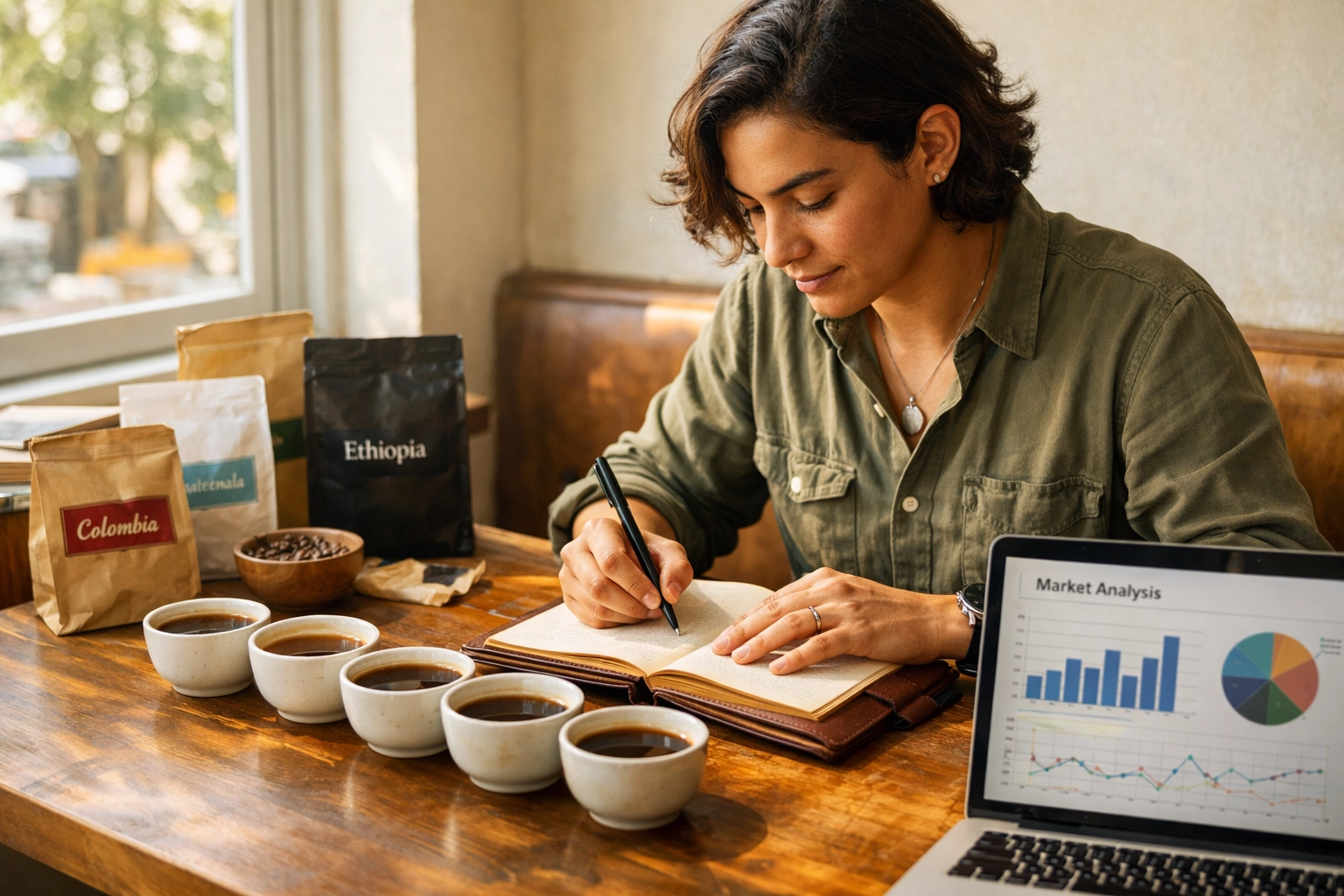 Coffee entrepreneur reviewing specialty coffee samples and taking notes at cafe table