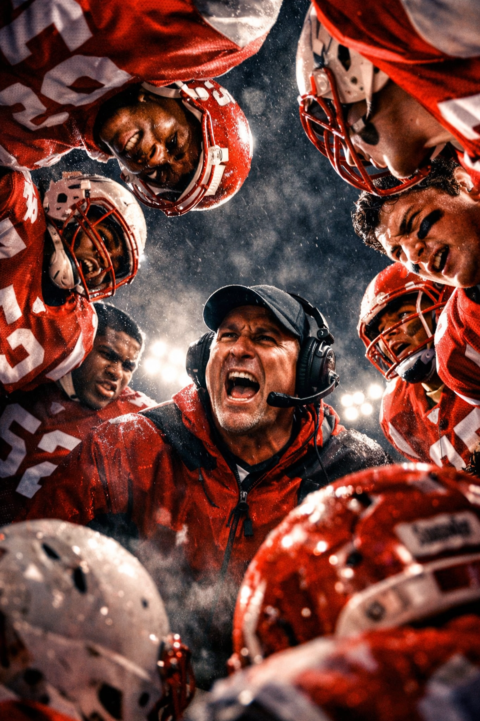 High school football coach leading his team in a huddle, teaching leadership and character development beyond the game.