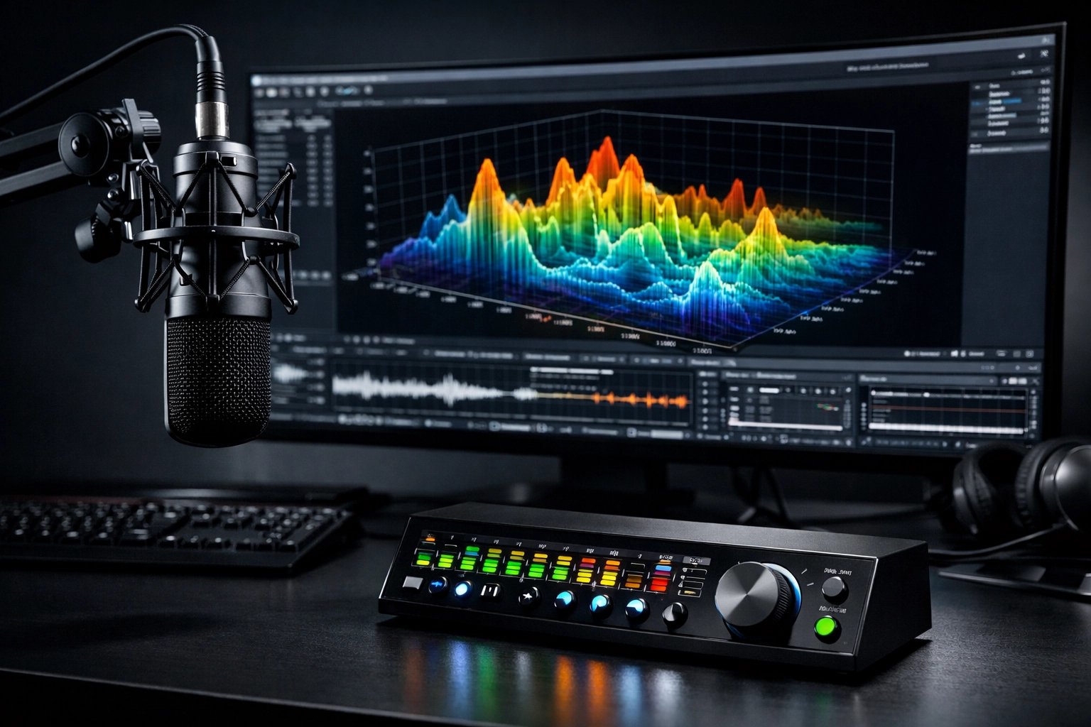 Cyber investigations audio workstation showing frequency analysis to detect deepfake voice recordings.