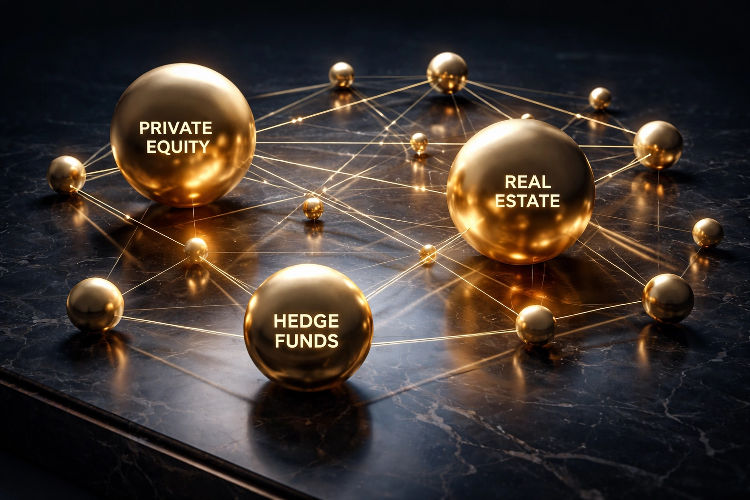 Visualization of a diversified investment portfolio featuring interconnected spheres symbolizing private equity, real estate, and hedge funds