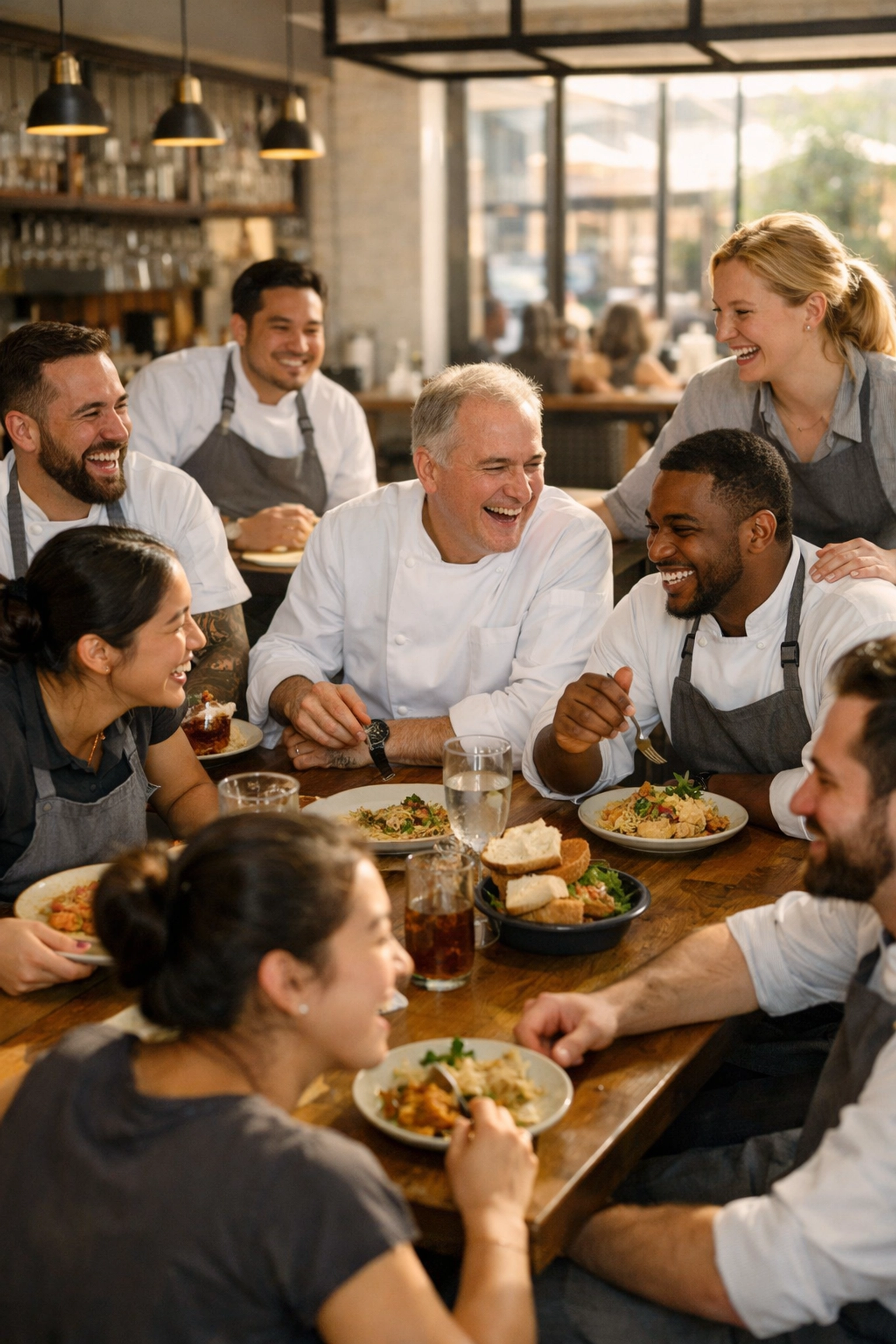 A restaurant team sharing a meal, illustrating Enlightened Hospitality as a growth strategy.