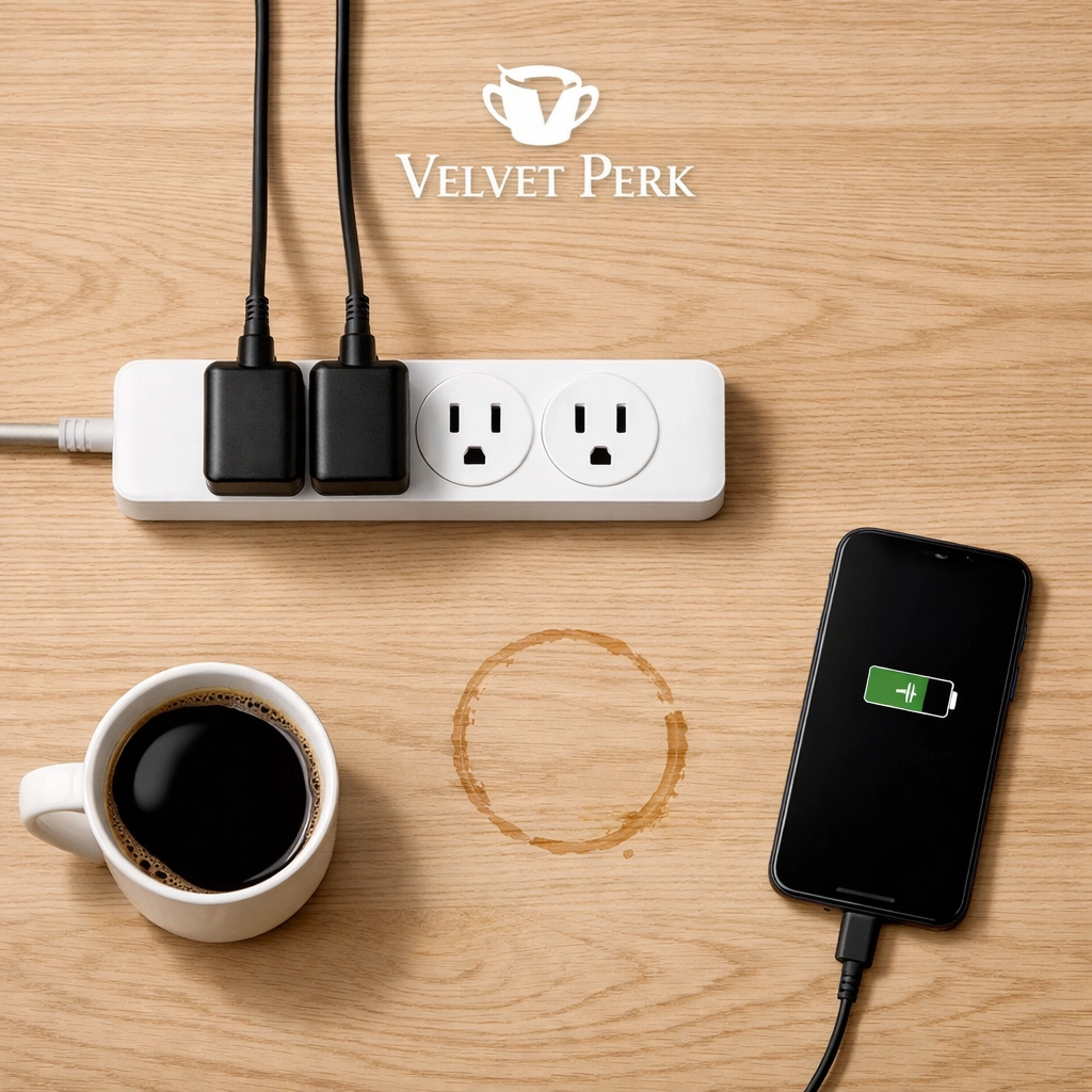 Shared power outlet setup showing proper coffee shop charging etiquette