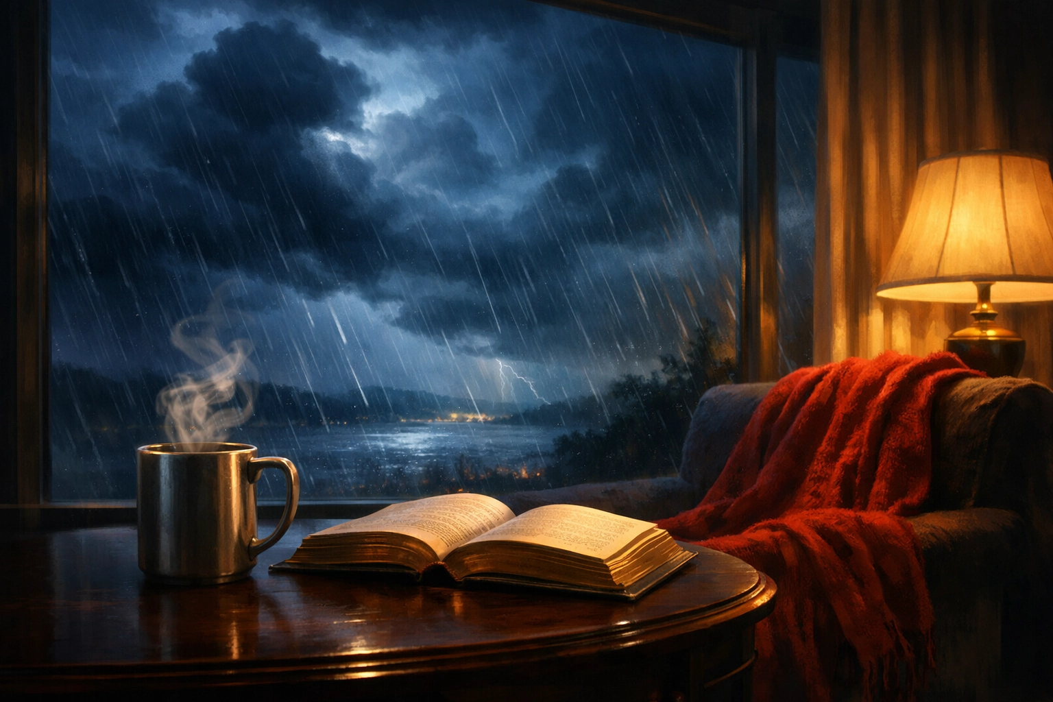 A peaceful indoor setting with a lamp and book, symbolizing calm and biblical perspective during a worldly storm.