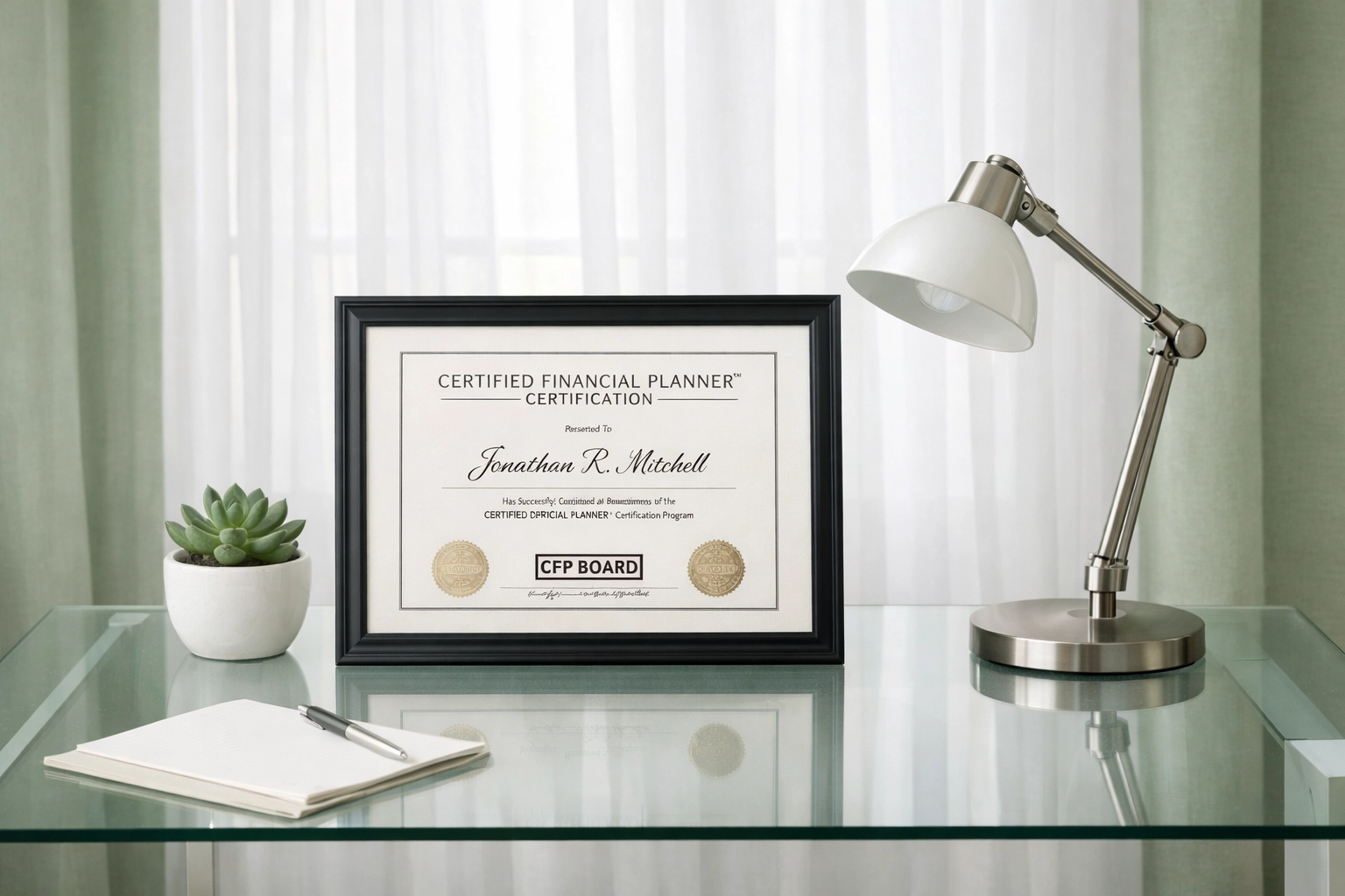Framed AFSP certification on tax preparer's desk representing professional credibility