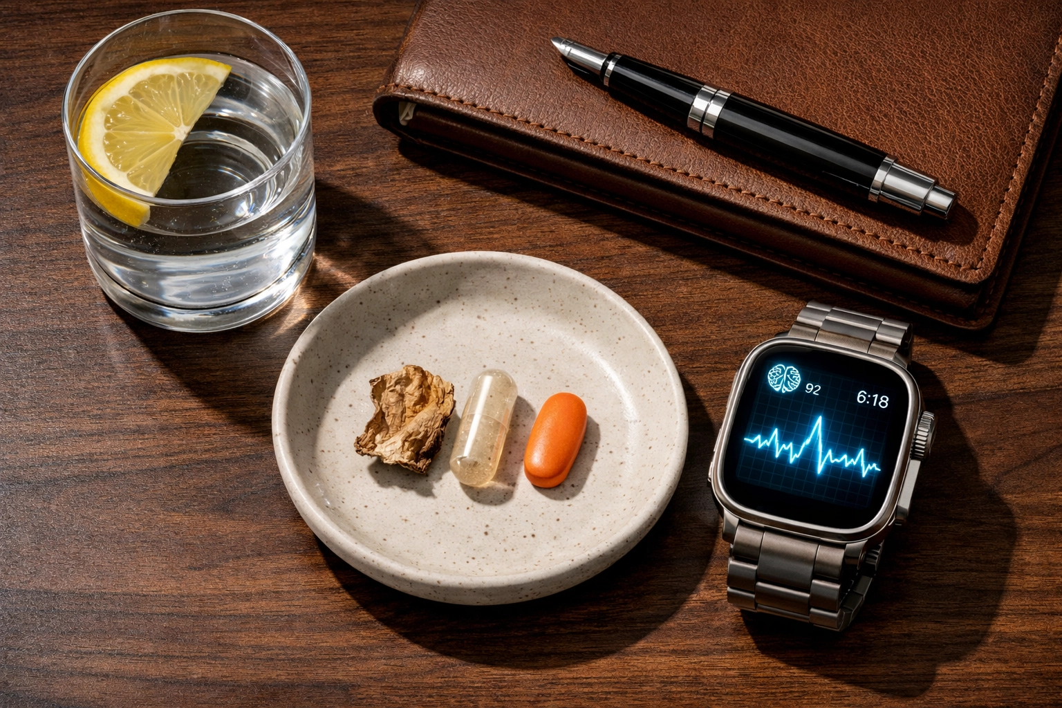 A psilocybin microdosing stack with Lion’s Mane and vitamins arranged on a wellness workspace.