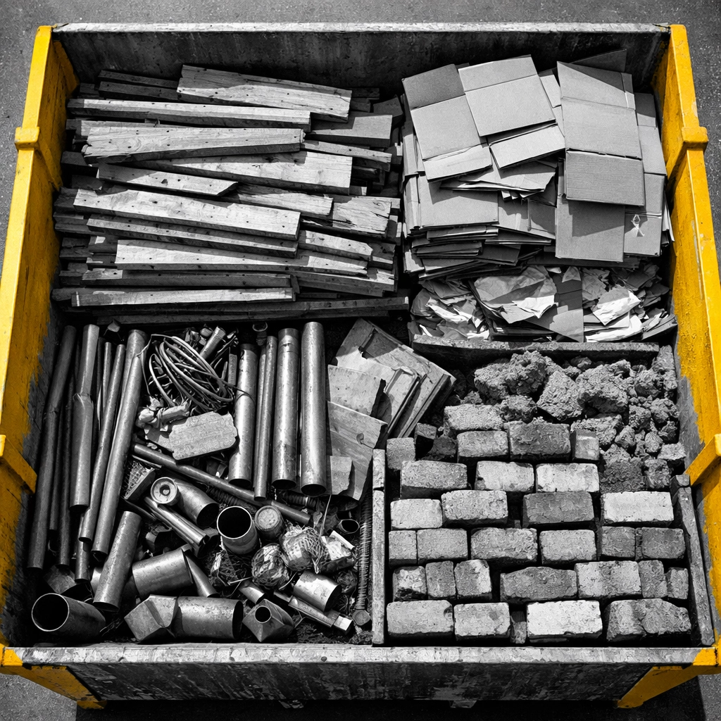 Skip bin filled with construction materials, wood, bricks and cardboard for Liverpool waste disposal