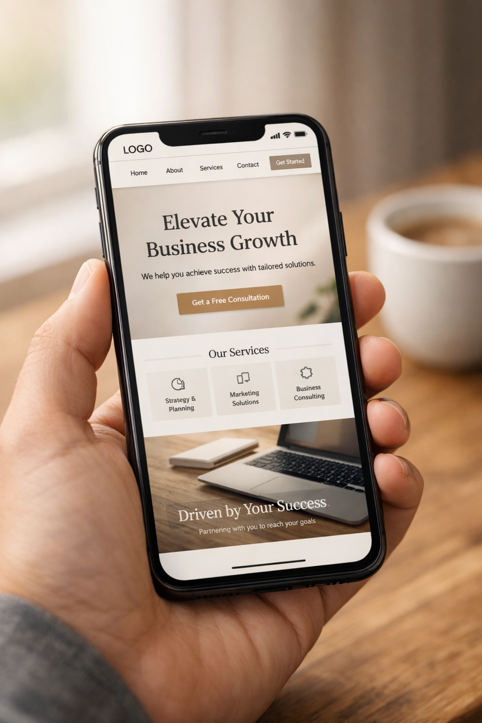 Mobile-friendly website displayed on smartphone showing responsive small business web design
