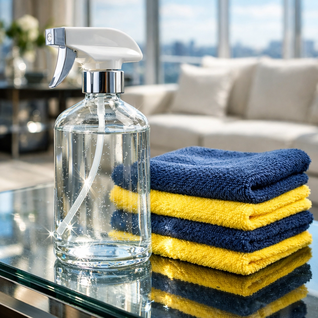 Eco-friendly glass cleaner spray bottle with microfiber cloths on a sparkling clean coffee table.