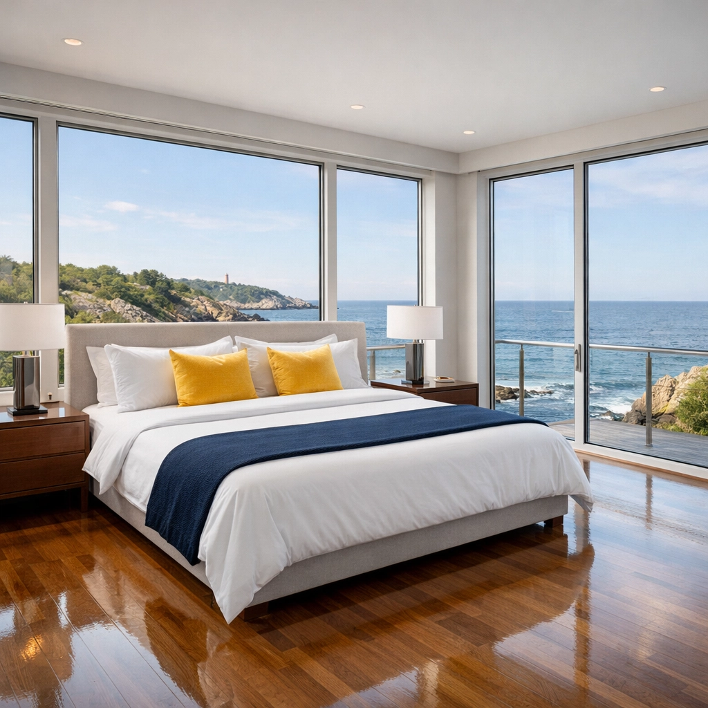Pristine luxury bedroom with polished floors and coastal views after professional house cleaning in Marblehead.