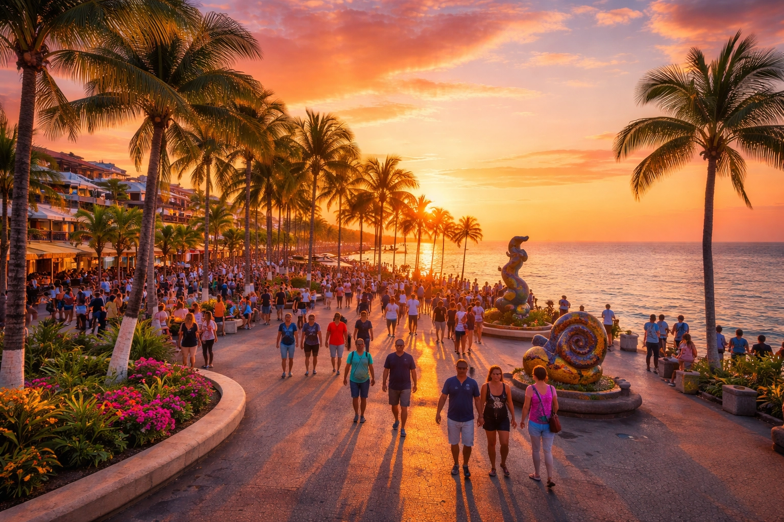 Puerto Vallarta Malecon boardwalk at sunset with tourists, palm trees, and art sculptures, showcasing a safe vacation vibe