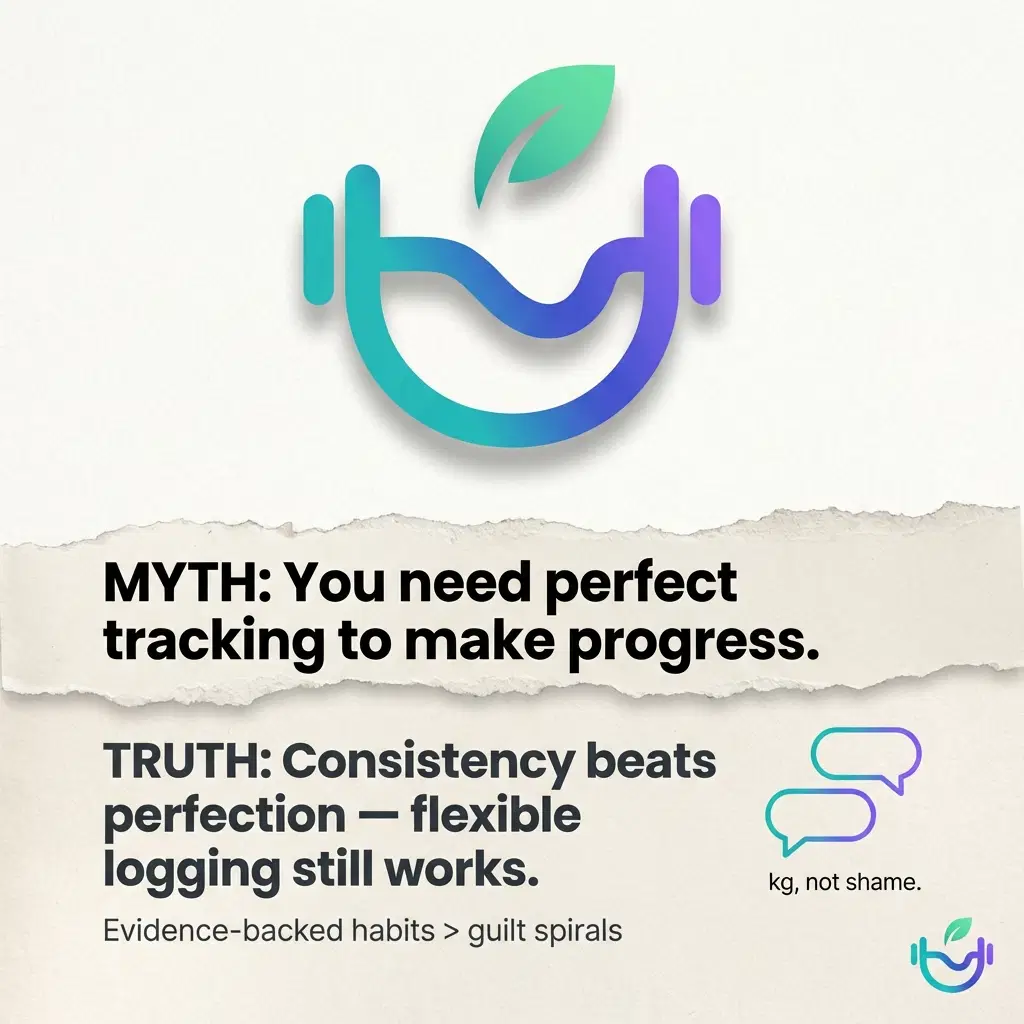 NutriTracker graphic highlighting 'Consistency beats perfection, flexible logging still works' and encouraging evidence-backed habits over guilt.