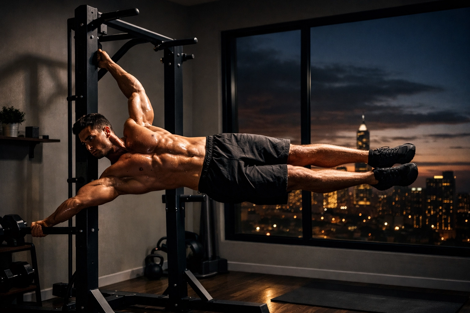 Athlete performing a human flag on calisthenics equipment for home, demonstrating stability and strength.