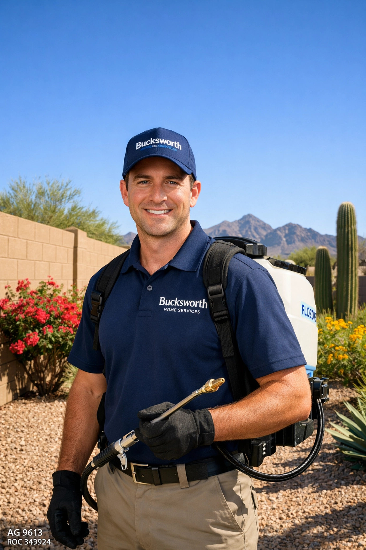 Bucksworth Home Services technician providing targeted termite protection in a Goodyear, Arizona residential yard.